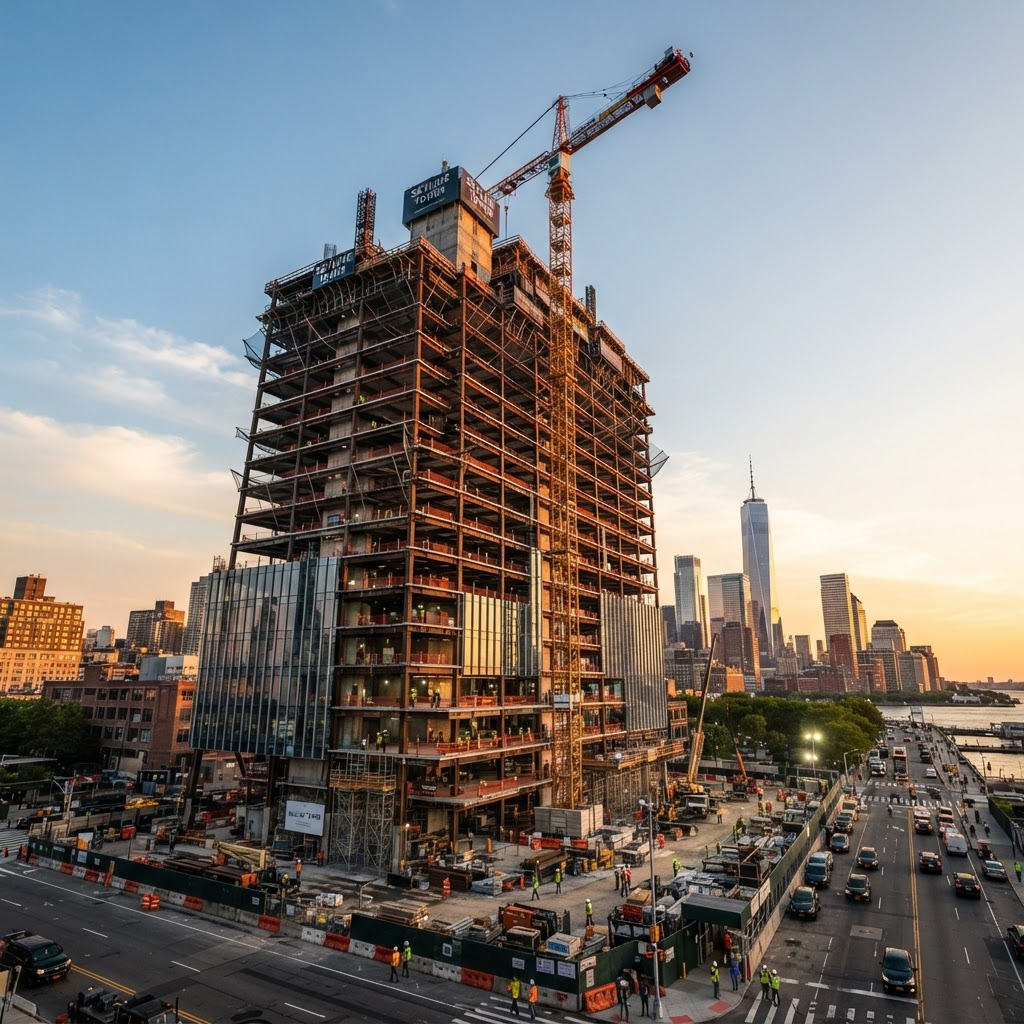 Modern building under construction against a clear sky