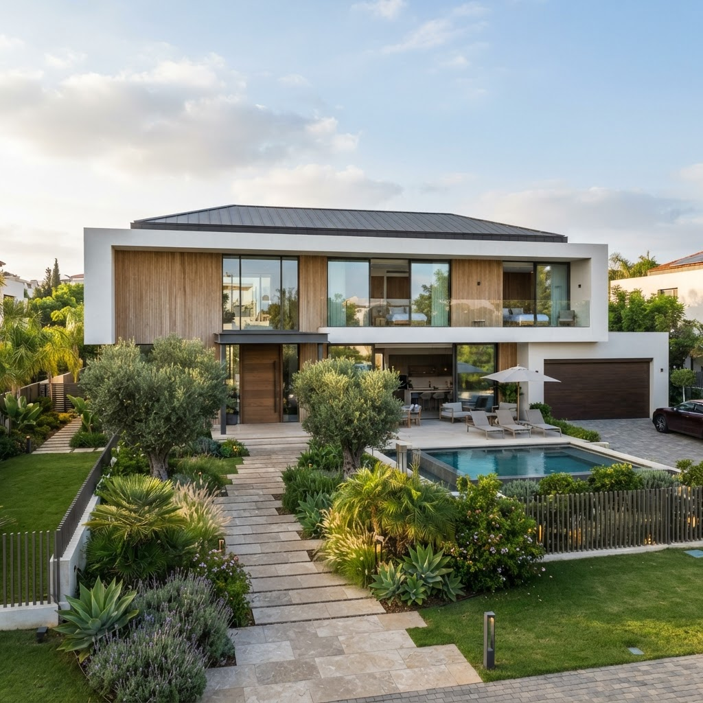Modern luxury residential villa with large glass windows